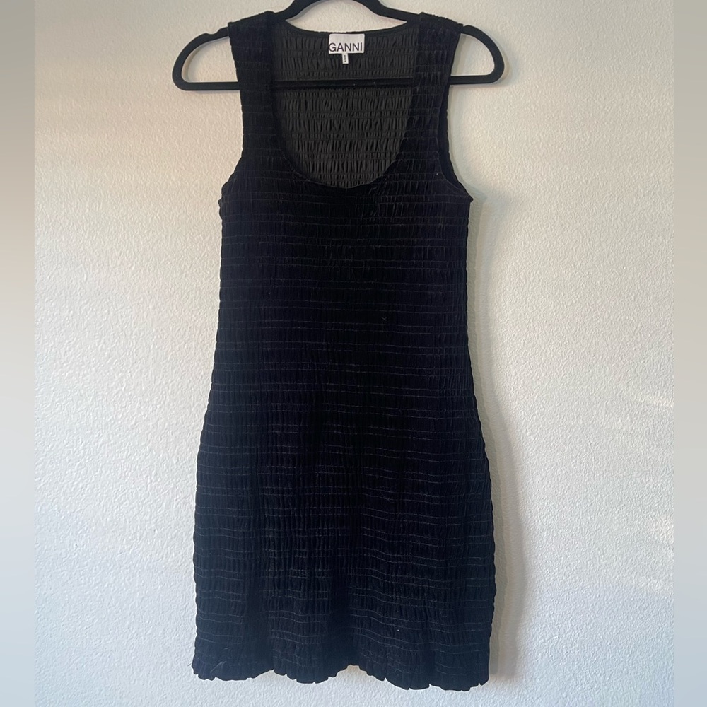 GANNI black smocked velvet mini dress